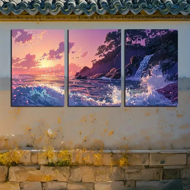 3pcs Ocean Sunset Waves, Seascape Illustration Metal Print Ready to Hang Art - Bella Home Decor