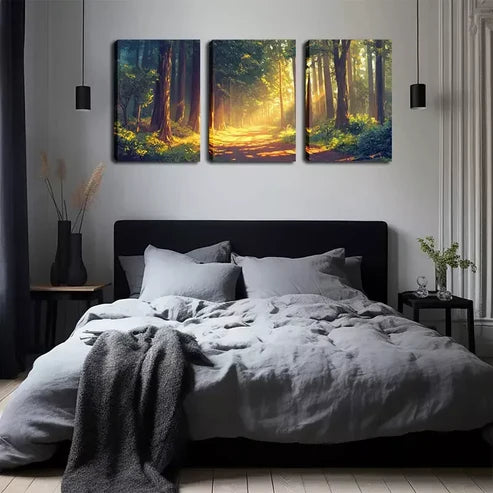 3pcs Sunlight Through The Woods, Wall Art Set Wall Art Canvas Unframed - High Quality Print 100% Australian Made Wall Canvas