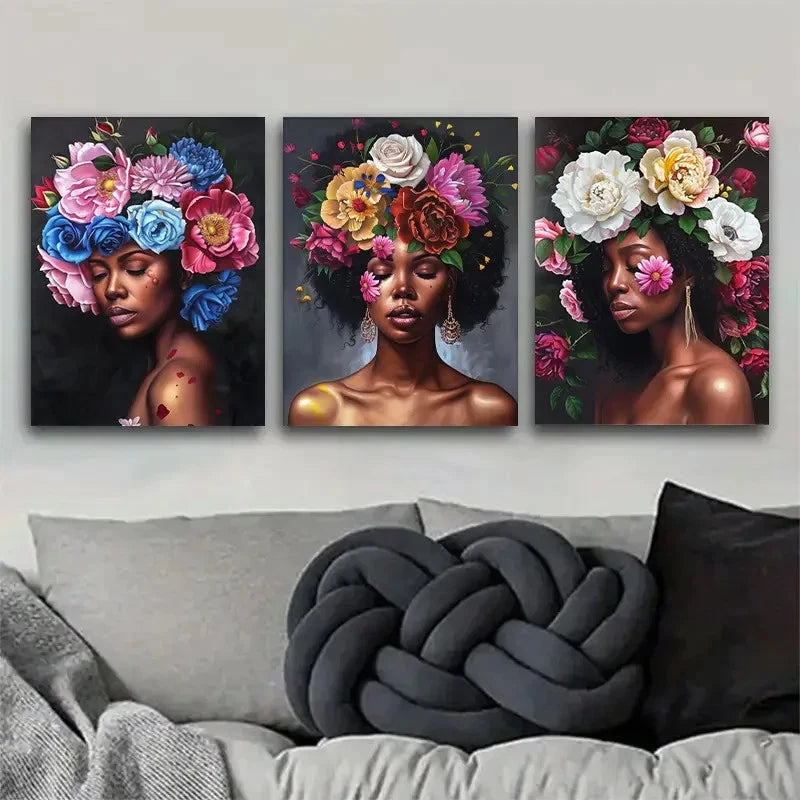3pcs Floral Crown Woman Stunning Portrait Metal Print Ready to Hang Art - Bella Home Decor