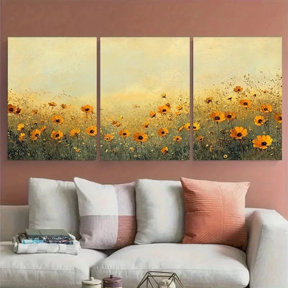 3pcs Field of Golden Vintage Wildflower Field Wall Art Set Canvas Framed 60x90cm - High Quality Print 100% Australian Made Wall Canvas Ready to Hang