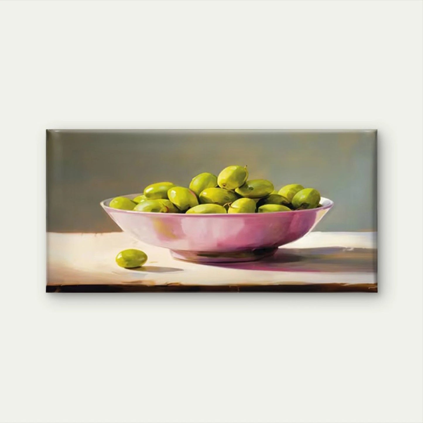 Green Olives & Pink Bowl Wall Art Canvas Office Home Room Framed 120x60cm - Bella Home Decor
