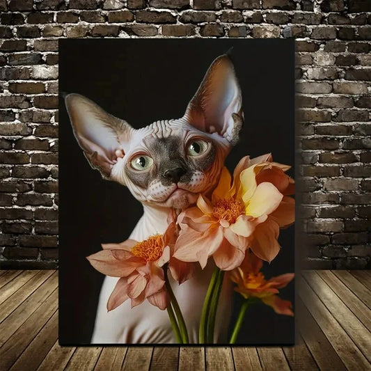 Cute Sphynx Kitten with Vibrant Flowers Painting 40x60cm Metal Print Ready to Hang - Bella Home Decor
