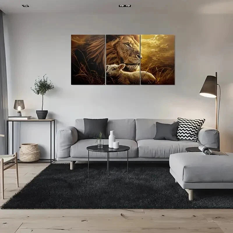 3pcs Lion and Lamb Peaceful Animal Themed Metal Print Ready to Hang Art - Bella Home Decor