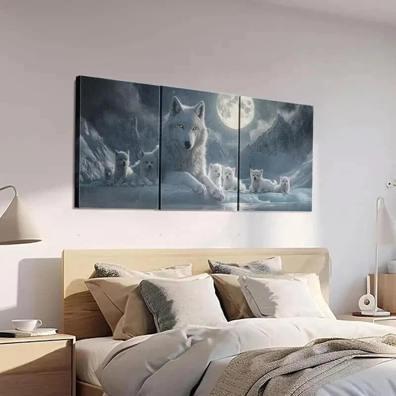 3pcs Majestic White Wolf with Yellow Eyes Wall Art Set Canvas Framed 60x90cm - High Quality Print 100% Australian Made Wall Canvas Ready to Hang