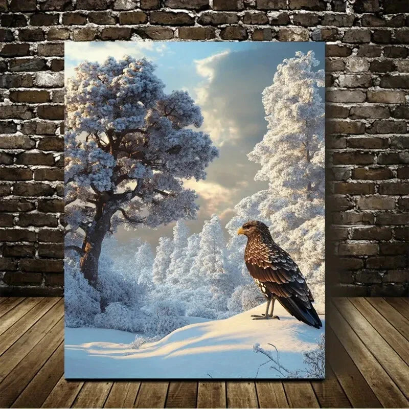 Medieval Bird & Tree on Snowy Landscape Painting 40x60cm Metal Print Ready to Hang - Bella Home Decor