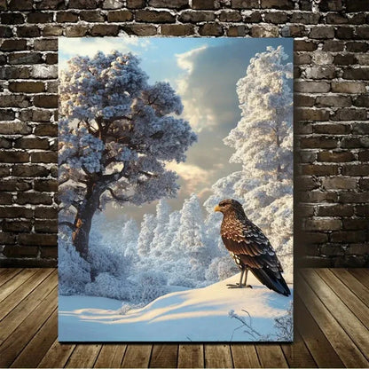 Medieval Bird & Tree on Snowy Landscape Painting 40x60cm Metal Print Ready to Hang - Bella Home Decor