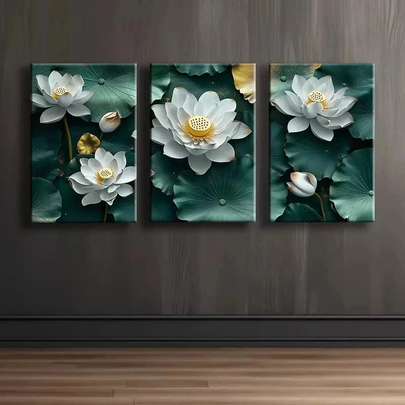 3pcs White Lotus leaves Metal Print Ready to Hang Art