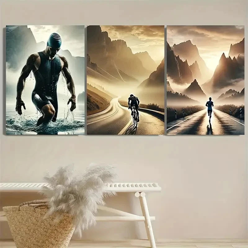 3pcs Swimming Cycling Running Abstract Metal Print Ready to Hang Art