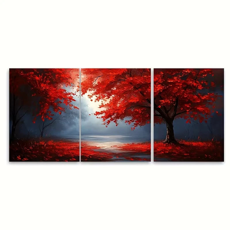 3pcs Blue Morning Mist With Red Leaves Metal Print Ready to Hang Art - Bella Home Decor