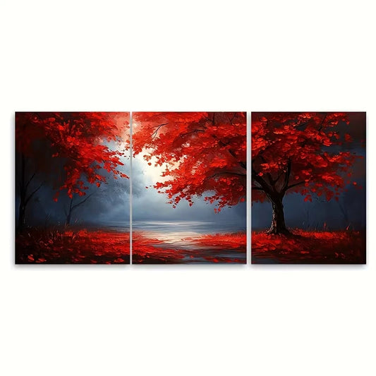 3pcs Blue Morning Mist With Red Leaves Metal Print Ready to Hang Art