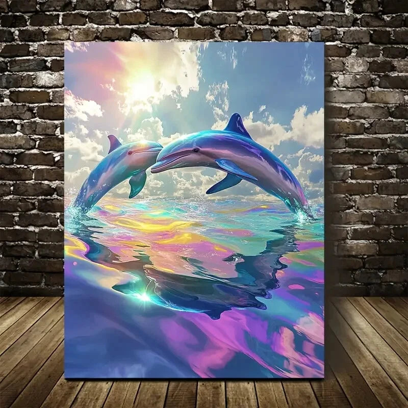 Cyberpunk Dolphin Painting with Pine 40x60cm Metal Print Ready to Hang - Bella Home Decor