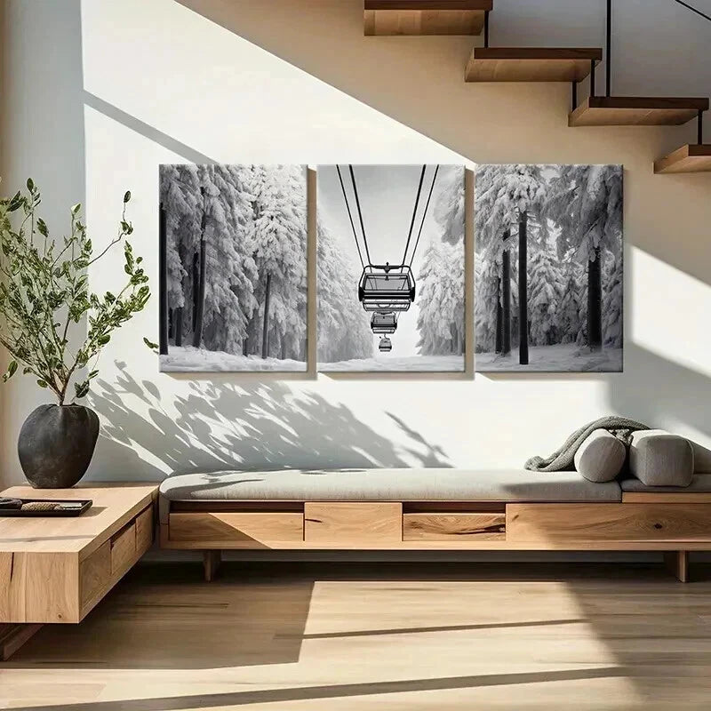 3pcs Ski Lift Black And White Winter Snow Forest Wall Art Set Canvas Framed 40x60cm - High Quality Print 100% Australian Made Wall Canvas Ready to Hang - Bella Home Decor