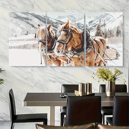 3pcs Brown Horses in Snowy Mountain Landscape Metal Print Ready to Hang Art - Bella Home Decor