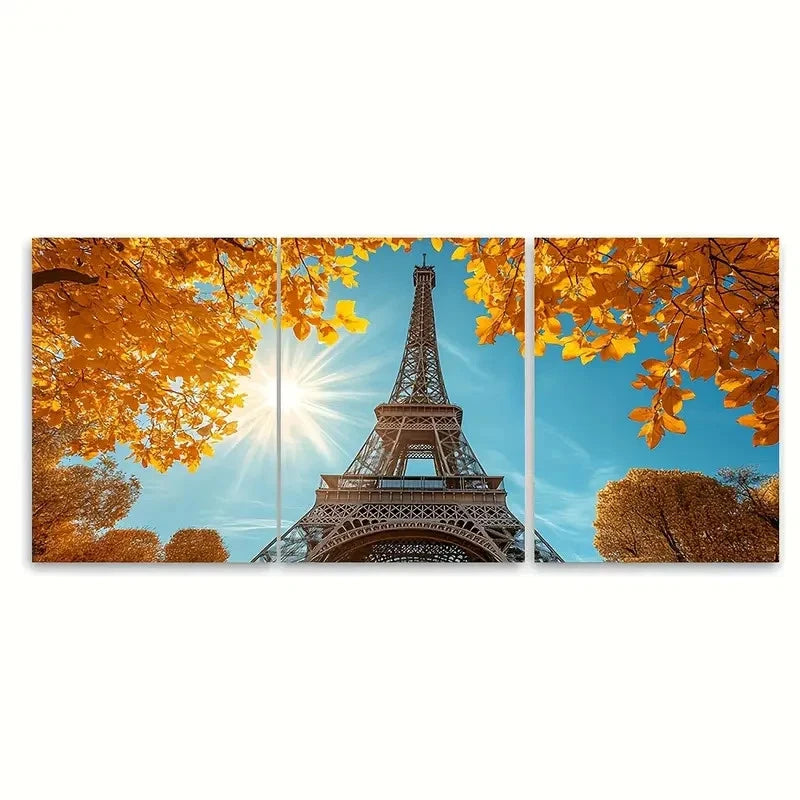 3pcs Autumn Morning with Yellow Leaves Paris Metal Print Ready to Hang Art - Bella Home Decor