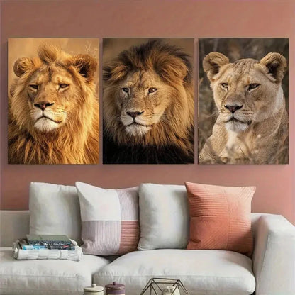 3pcs Lion Botswana African Photography, Safari Wall Art Set Canvas Framed 60x90cm - High Quality Print 100% Australian Made Wall Canvas Ready to Hang