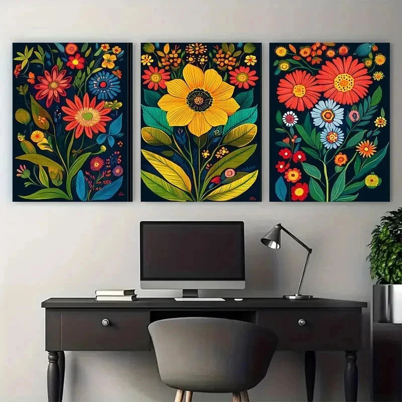 3pcs Vintage Venezuela Floral Folk Perfect Wall Art Set Canvas Framed 40x60cm - High Quality Print 100% Australian Made Wall Canvas Ready to Hang