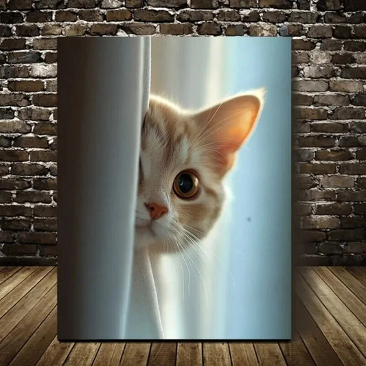 Beautiful Whimsy Woodland Cat Peek Painting 40x60cm Metal Print Ready to Hang - Bella Home Decor