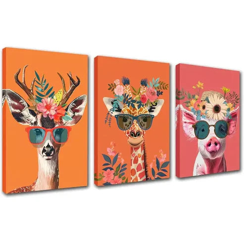 3pcs Colorful Flowers Animals Art Wall Art Canvas Unframed - High Quality Print 100% Australian Made Wall Canvas - Bella Home Decor