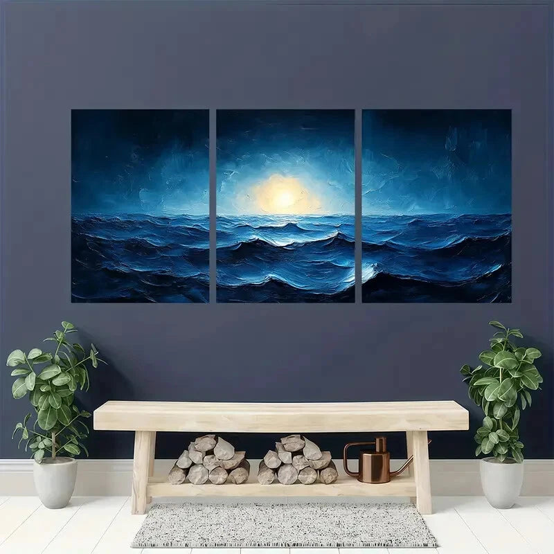 3pcs Timeless Blue Lake Ripple & Ocean Wave Metal Print Ready to Hang Art - Bella Home Decor