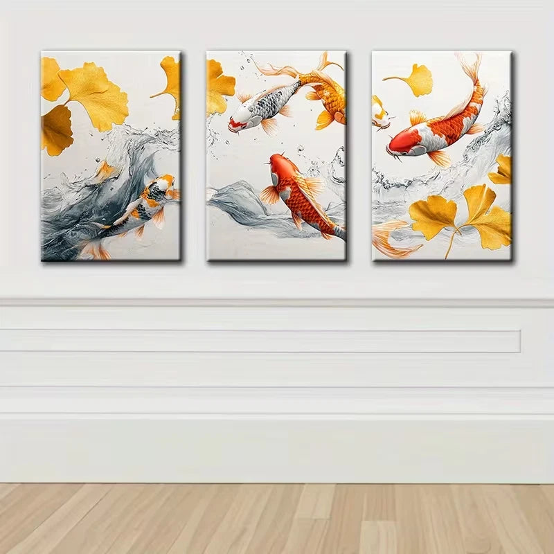 3pcs Painted Koi Carp Illustration Wall Art Set Canvas Framed 60x90cm - High Quality Print 100% Australian Made Wall Canvas Ready to Hang