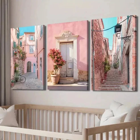 3pcs Italian Urban Pink House & Streets Wall Art Set Canvas Unframed - High Quality Print 100% Australian Made Wall Canvas