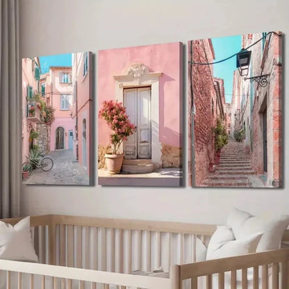 3pcs Italian Urban Pink House & Streets Wall Art Set Canvas Unframed - High Quality Print 100% Australian Made Wall Canvas
