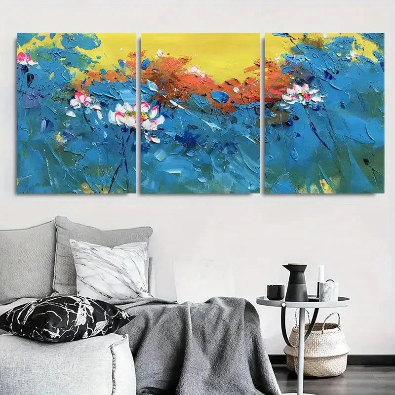 3pcs Lotus Blossoms with Vibrant Blue and Yellow Wall Art Set Canvas Framed 40x60cm - High Quality Print 100% Australian Made Wall Canvas Ready to Hang