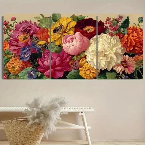 3pcs Vintage Colorful Flowers, Retro Botanical Wall Art Set Canvas Unframed - High Quality Print 100% Australian Made Wall Canvas