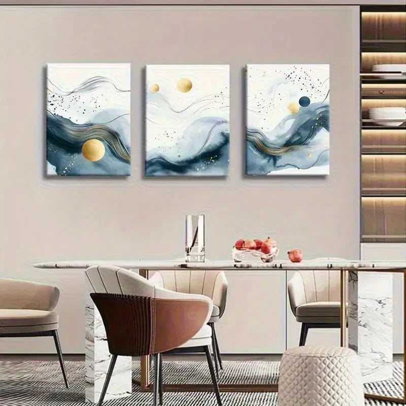 3pcs Abstract Blue and Golden Flowing Wave Metal Print Ready to Hang Art - Bella Home Decor