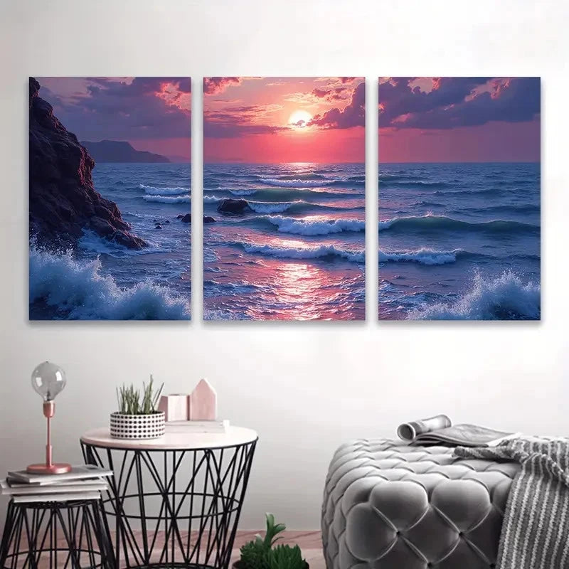 3pcs Sunset Beach Scene With Ocean Waves Wall Art Set Canvas Framed 60x90cm - High Quality Print 100% Australian Made Wall Canvas Ready to Hang