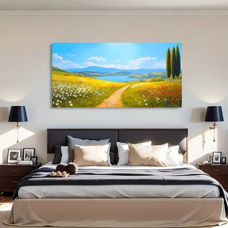 Abstract Floral Mountain Lake Wall Art Canvas Office Home Room Framed 120x60cm - Bella Home Decor
