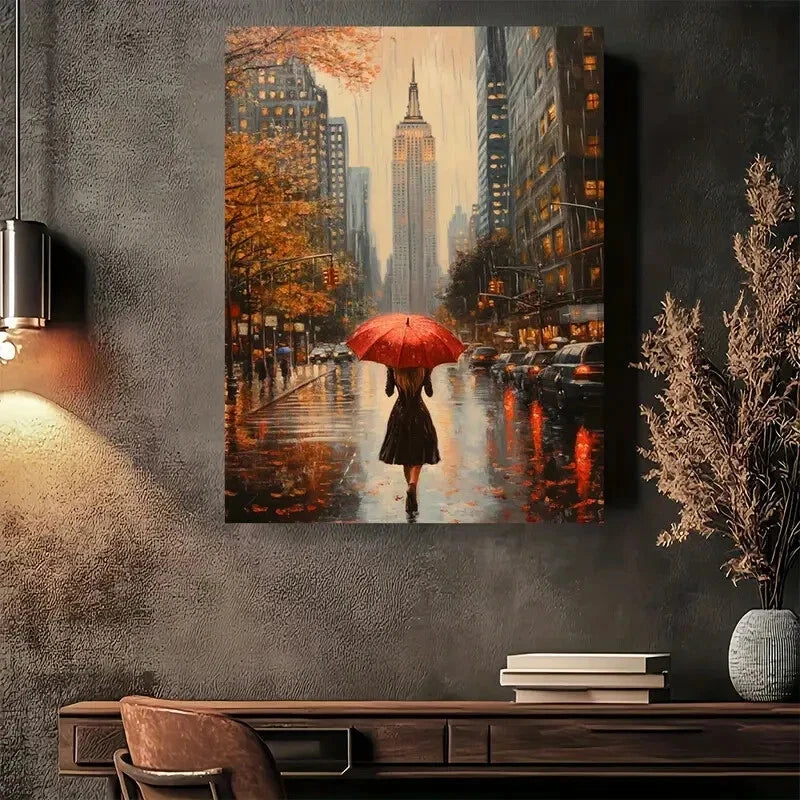 Beautiful Vintage Rainy Cityscape with Red Painting 40x60cm Metal Print Ready to Hang - Bella Home Decor