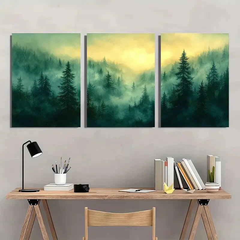 3pcs Vermont Landscape Foggy Forest Scene Metal Print Ready to Hang Art - Bella Home Decor