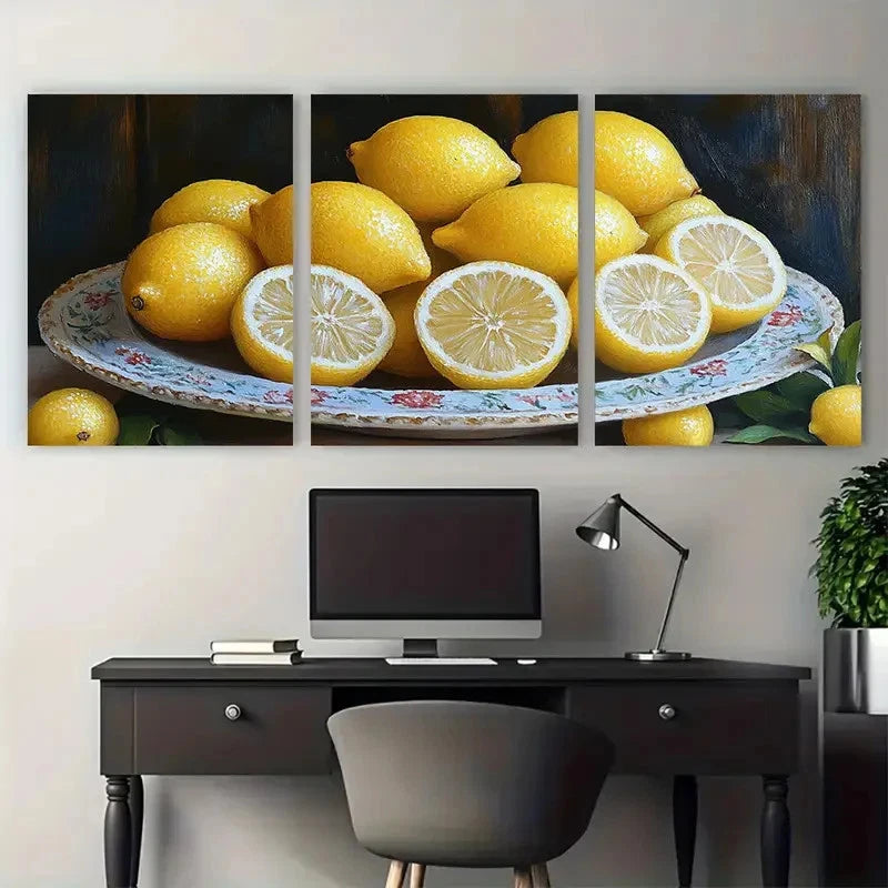 3pcs Vibrant Lemon Still Life Metal Print Ready to Hang Art - Bella Home Decor