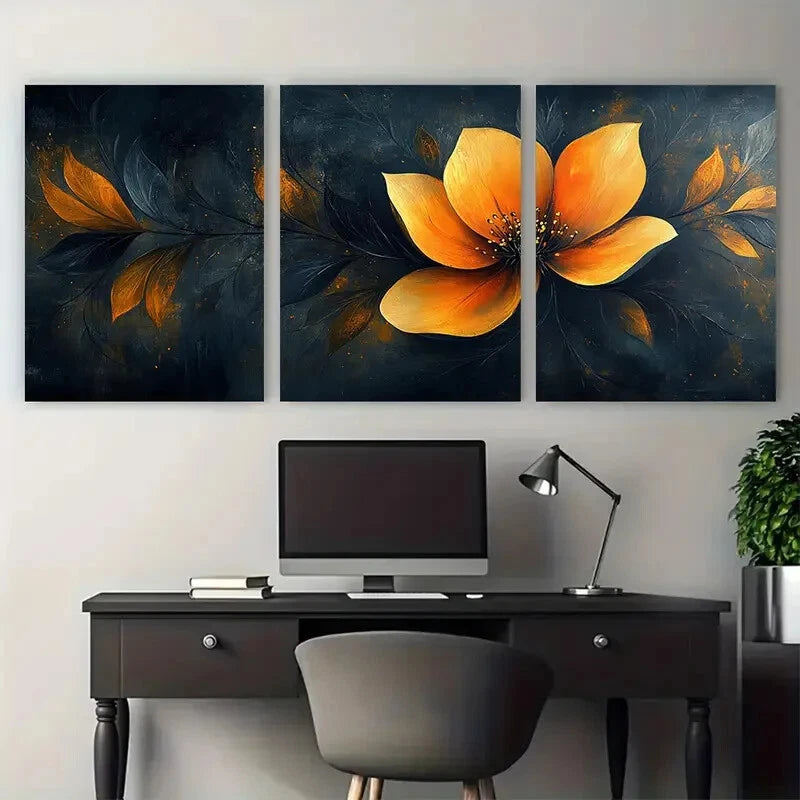 3pcs Abstract Geometric Floral Orange Design Metal Print Ready to Hang Art - Bella Home Decor