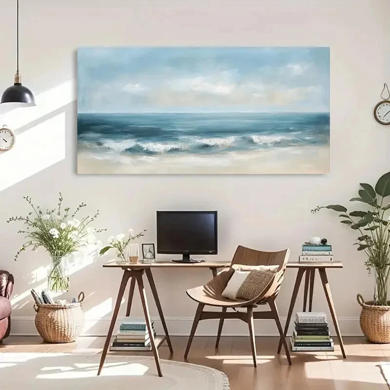 Tranquil Seascape White Clouds Wall Art Canvas Office Home Room Framed 120x60cm - Bella Home Decor