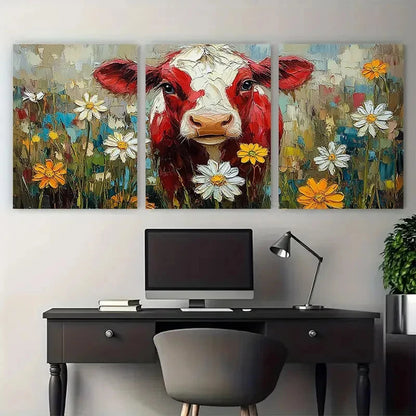 3pcs Playful Red Cow with Daisy Country Wall Art Set Canvas Framed 60x90cm - High Quality Print 100% Australian Made Wall Canvas Ready to Hang