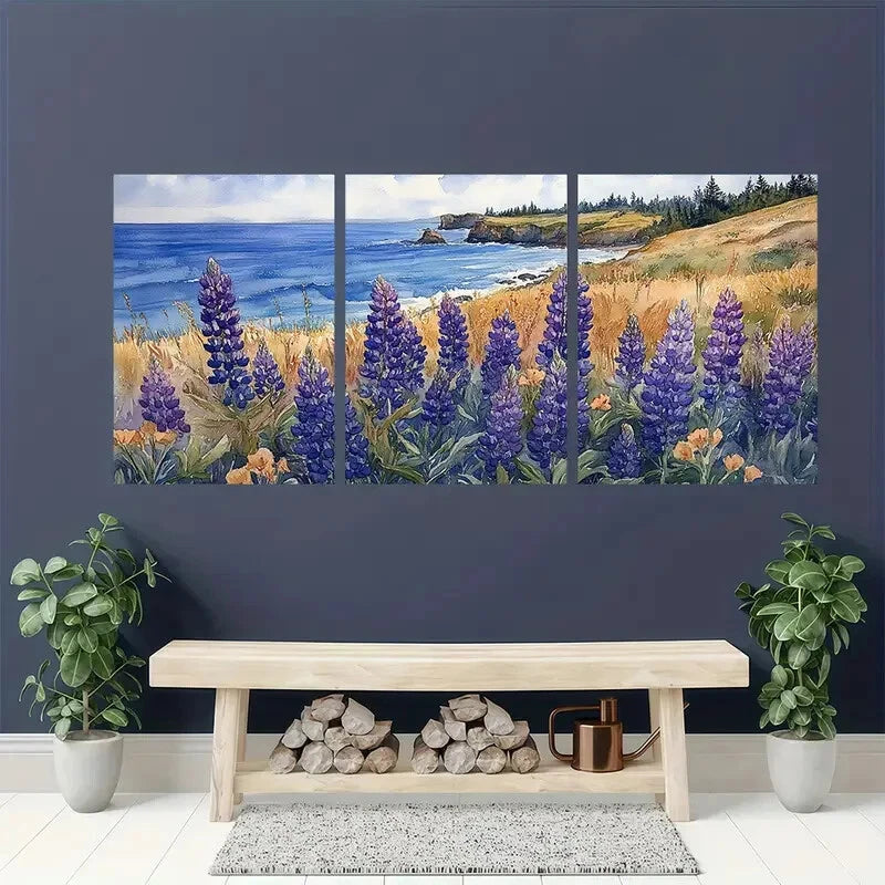 3pcs Lupine Flowers & Ocean View Watercolor Metal Print Ready to Hang Art