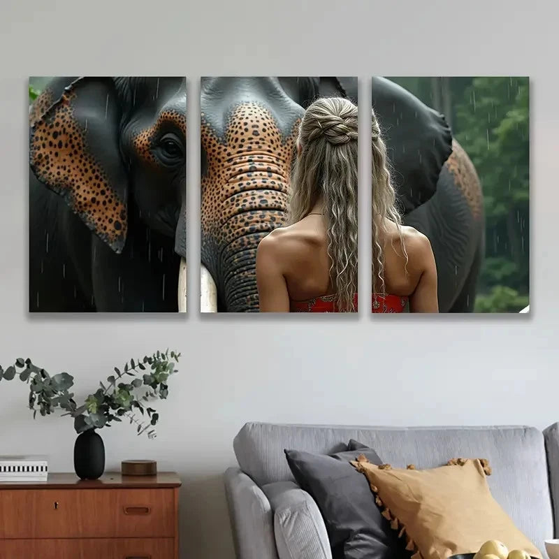 3pcs Woman In Red Dress With A Elephant Painting Wall Art Set Canvas Framed 60x90cm - High Quality Print 100% Australian Made Wall Canvas Ready to Hang