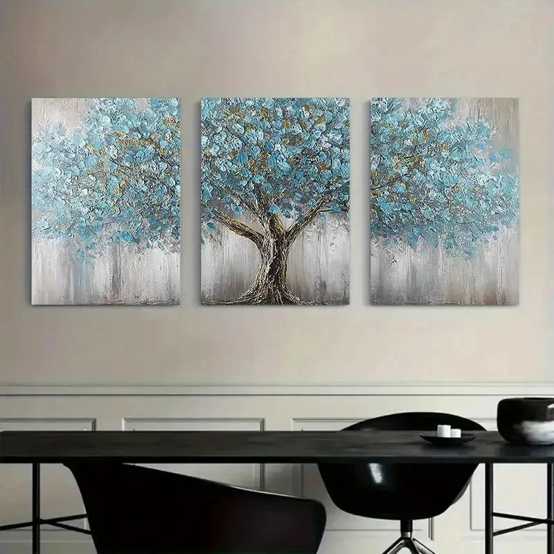 3pcs Abstract Tree with Blue Leaves Metal Print Ready to Hang Art - Bella Home Decor