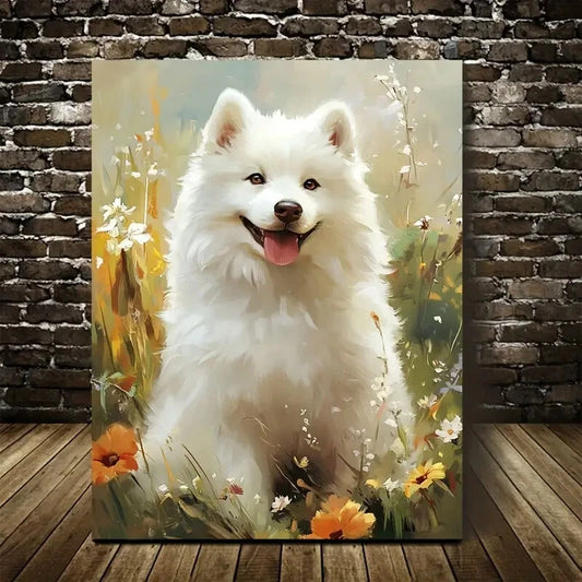 Flowers And Plants Cute Samoyed Dog Painting 40x60cm Metal Print Ready to Hang