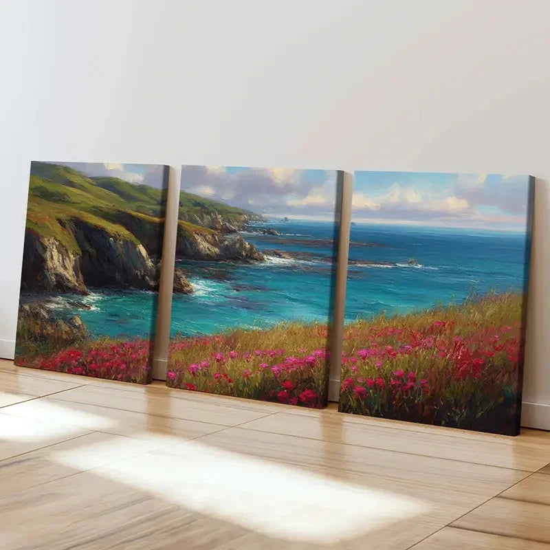 3pcs Bells Beach Australia Waves & Flowers  Wall Art Set Canvas Framed 50x70cm - High Quality Print 100% Australian Made Wall Canvas Ready to Hang - Bella Home Decor