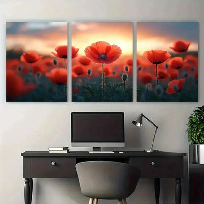 3pcs Vibrant Red Poppies In Sunset Scene Perfect Wall Art Set Canvas Unframed - High Quality Print 100% Australian Made Wall Canvas