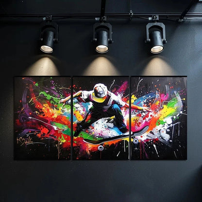 3pcs Skateboarder Graffiti Abstract Colorful Metal Print Ready to Hang Art