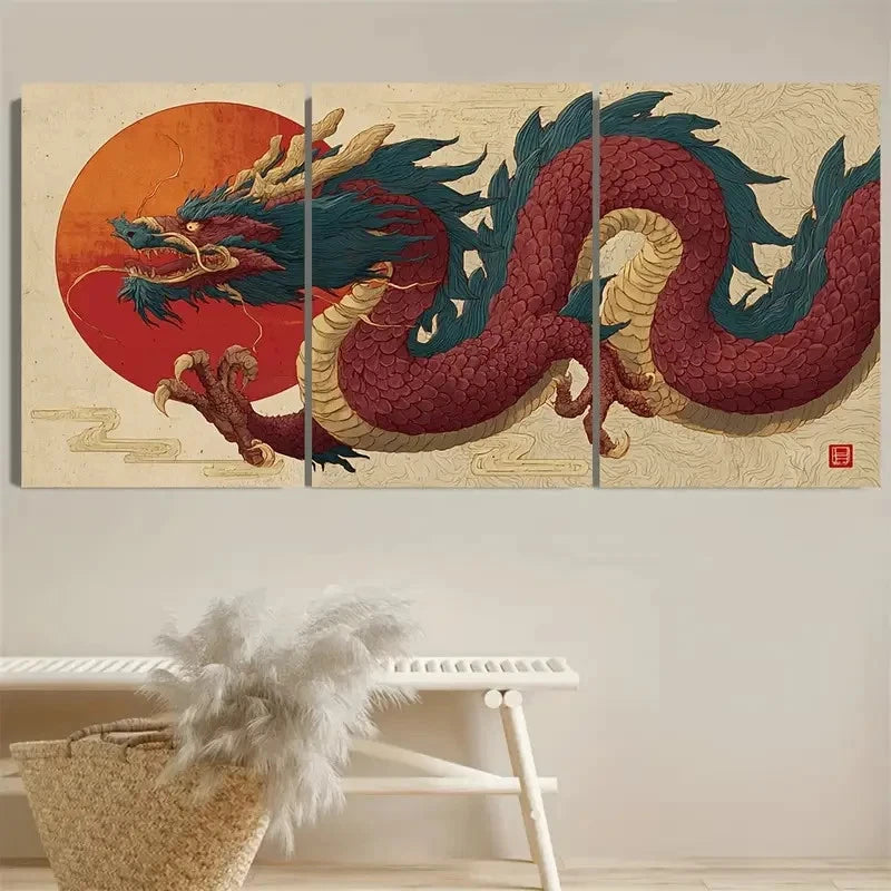 3pcs Japanese Dragon Fantasy Oriental Print Wall Art Set Canvas Framed 40x60cm - High Quality Print 100% Australian Made Wall Canvas Ready to Hang