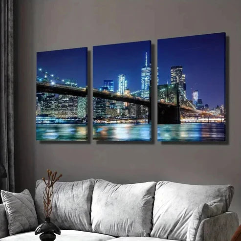 3pcs Nighttime Cityscape with a Bridge Wall Art Set Canvas Unframed - High Quality Print 100% Australian Made Wall Canvas