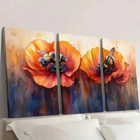 3pcs Bumblebee Painting Poppy  Wall Art Set Canvas Unframed - High Quality Print 100% Australian Made Wall Canvas - Bella Home Decor