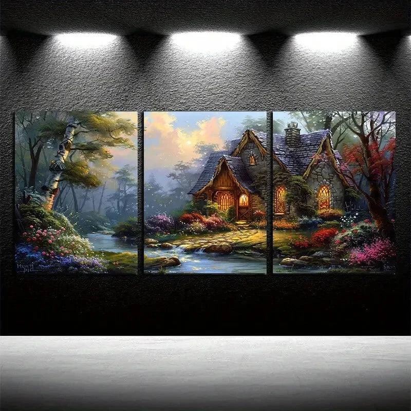 3pcs Vibrant Houses By The Creek with Florals Metal Print Ready to Hang Art - Bella Home Decor