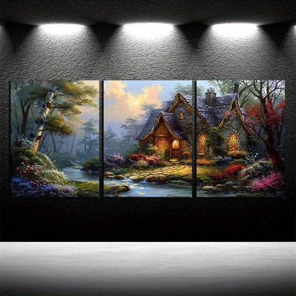 3pcs Vibrant Houses By The Creek with Florals Metal Print Ready to Hang Art - Bella Home Decor