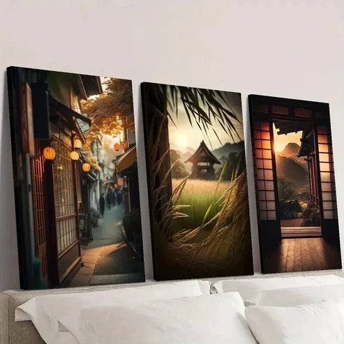 3pcs Japanese Classical Architecture at Sunset Wall Art Canvas Unframed - High Quality Print 100% Australian Made Wall Canvas